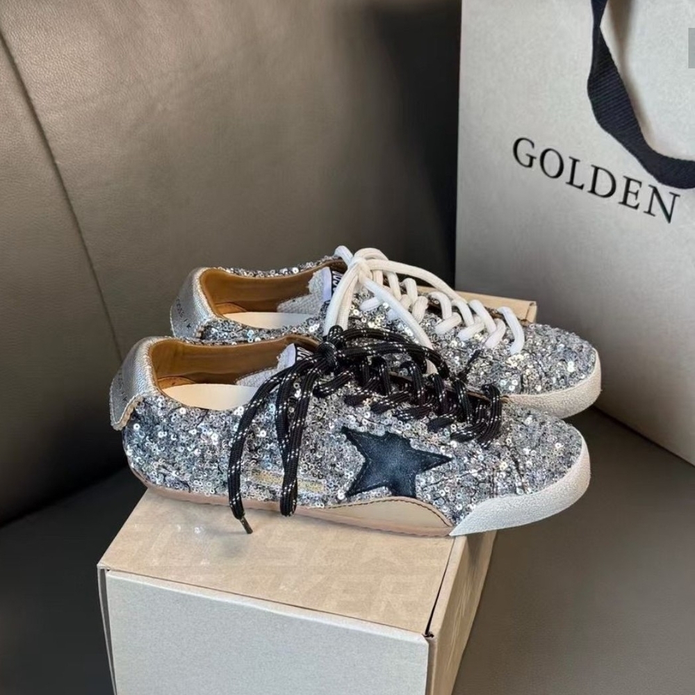 Golden Goose Silver Glitter Sneakers with Black Star All Sizes Available